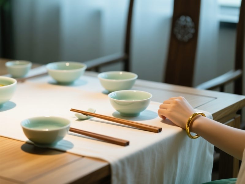 中式家宴餐桌一角:浅木桌面、米白桌布与青白瓷小碗,桌边露出佩戴金镯的手腕